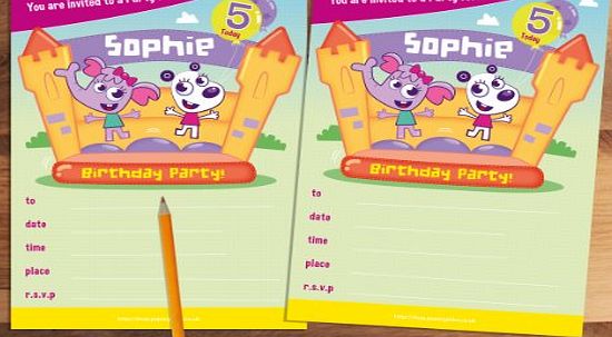 20 Childrens Personalised Birthday Party Invitations Zoo Crew Bouncy Castle Girls Pink
