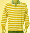 Mens Yellow & White Stripe with Denim Neck Long Sleeve Cotton Polo Shirt