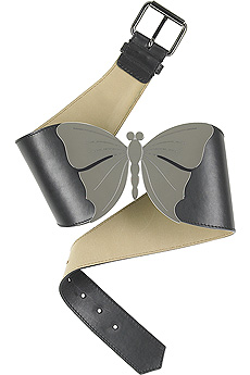 Black tapered leather belt with large pewter butterfly on front.