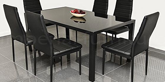 Pearl Furniture DESIGNER STYLE BLACK GLASS DINING TABLE SET WITH 6 FAUX LEATHER CHAIRS