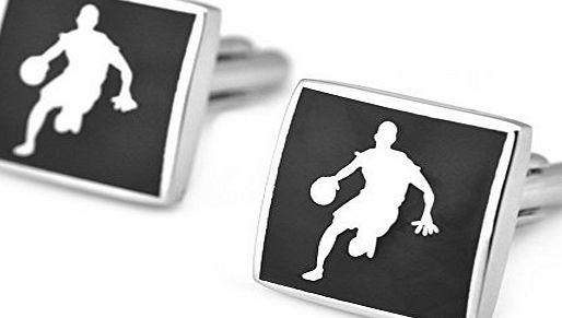 PenSee  Luxury Stainless Steel amp; Black Enamel amp; Playing Basketball Pattern Cufflinks for Men with Gift Box