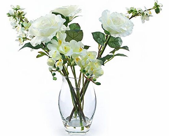 Peony 6355 Roses with Freesia and Blossom Artificial Floral Arrangement in a Tall Vase