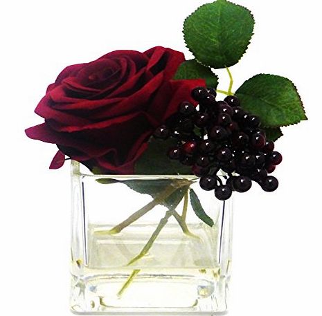 Peony RSW69/4366 Rose and Holly Artificial Floral Arrangement in Decorative Votive Vase - Red