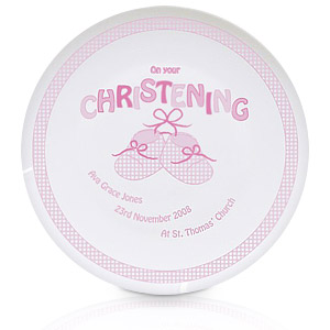 personalised Pink Bootee Christening Plate