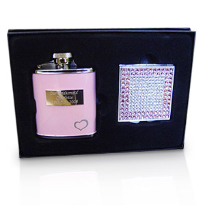 personalised Pink Hip Flask and Compact Mirror