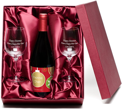 Personalised Red Wine with Engraved Glasses -