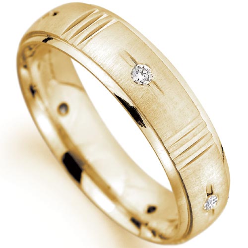 5mm Diamond Set Dimpled Matt Effect Wedding Band In 18 Carat Yellow Gold
