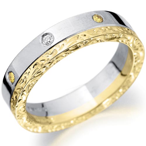 Diamond Set Engraved Wedding Band In 18 Carat Yellow and White Gold