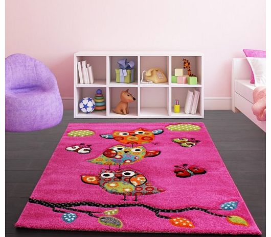 PHC Kids Carpet Cute Owls Modern Children Rug in Pink Fuchsia Green Blue, Size:80x150 cm