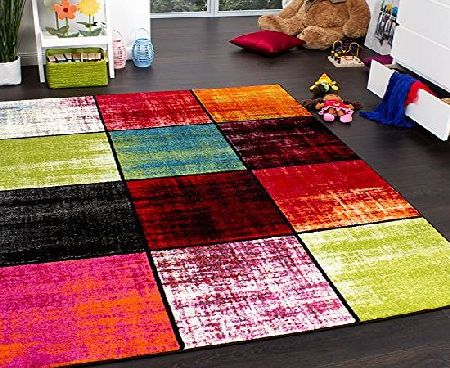 PHC Kids Rug - Squared Design - Multicoloured - Mottled Red Pink Green Blue, Size:120x170 cm