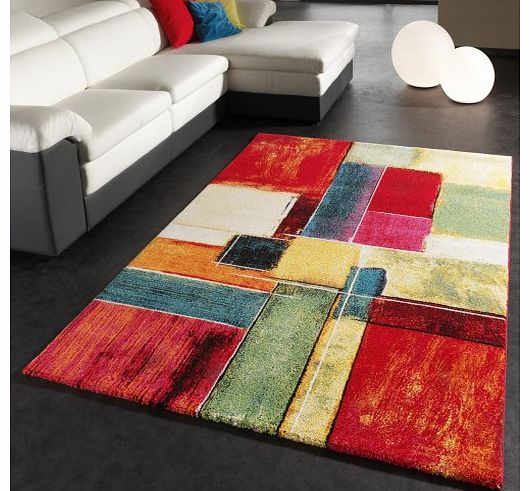 PHC Rug Modern Canvas Look Designer Carpet Colourful Checkered Cream Green Red Blue, Size:120x170 cm