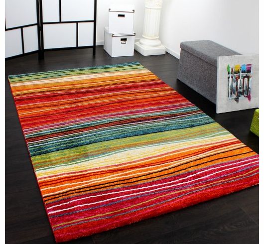 PHC Rug Modern Designer Carpet Colourful Striped Red Green Orange Multicoloured, Size:80x150 cm