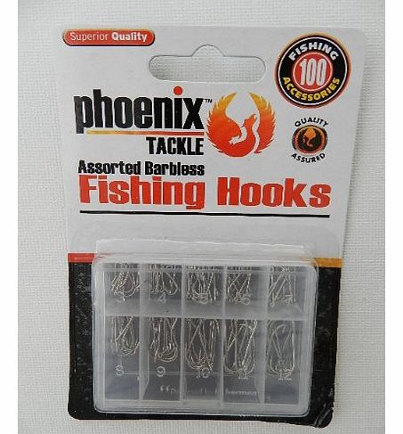 Phoenix Tackle Pack of 100 Assorted Barbless Fishing Hooks.