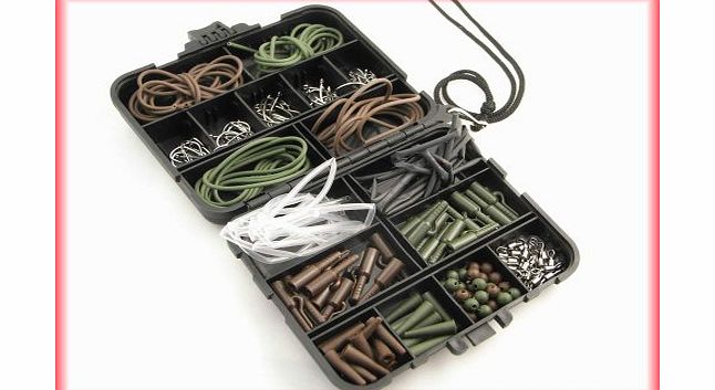 Phoxinus Carp Fishing Tackle Box Bundle. Includes pocket tackle box, hooks, swivels, shrink and rig tube, lead clips and cones, and shock beads.