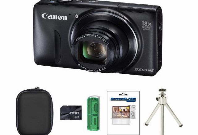 Picsio Canon PowerShot SX600 HS Digital Camera - Black   Case   8GB Card   Multi Card Reader   Screen Protector and Tripod (16.0 MP, 18x Optical Zoom) 3.0 inch LCD