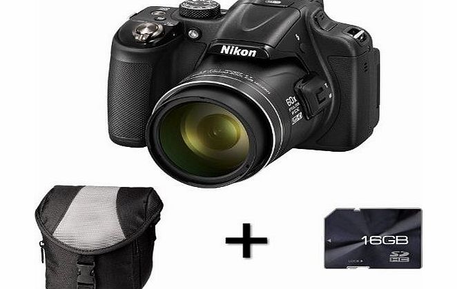 Picsio Nikon COOLPIX P600 Digital Camera - Black   Case and 16GB Memory Card (16.1 MP, 60x Optical Zoom) 3.0 inch Vari-angle LCD with Wi-Fi