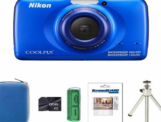 Picsio Nikon Coolpix S32 Waterproof Shockproof Digital Camera - Blue   Case   8GB Card   Multi Card Reader   Screen Protector and Tripod (13.2 MP, 3x Optical Zoom) 2.7 inch LCD