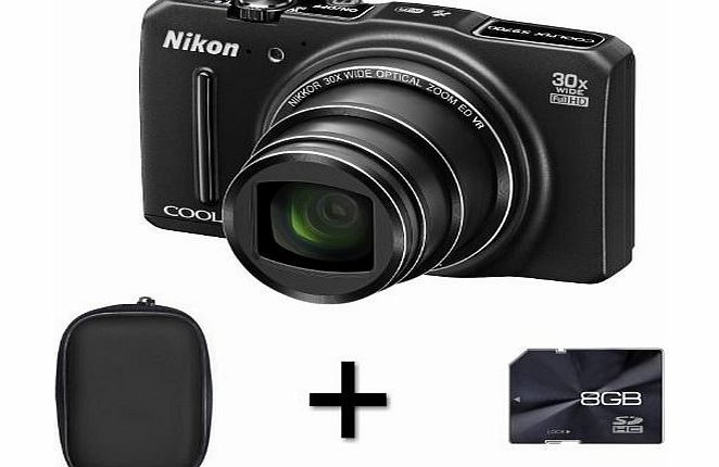Picsio Nikon COOLPIX S9700 Digital Camera - Black   Case and 8GB Memory Card (16.0 MP, 30x Optical Zoom) 3.0 inch OLED with Wi-Fi and GPS