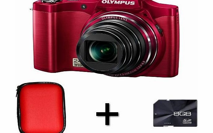 Picsio Olympus SZ-14 Digital Camera - Red   Case and 8GB Memory Card (14MP, 24x Wide Optical Zoom) 3 inch LCD