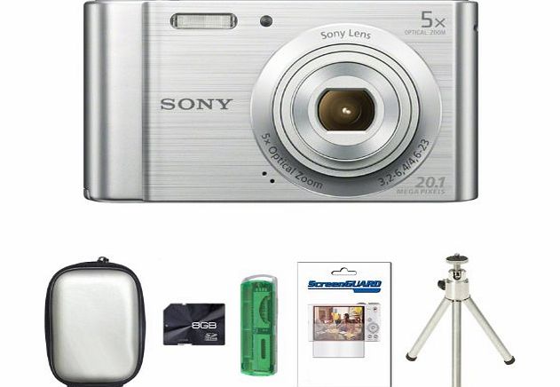 Picsio Sony DSCW800 Digital Camera - Silver   Case   8GB Card   Multi Card Reader   Screen Protector and Tripod (20.1MP, 5x Optical Zoom) 2.7 inch LCD