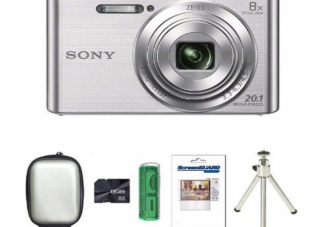 Picsio Sony DSCW830 Digital Camera - Silver   Case   8GB Card   Multi Card Reader   Screen Protector and Tripod (20.1MP, 8x Optical Zoom) 2.7 inch LCD