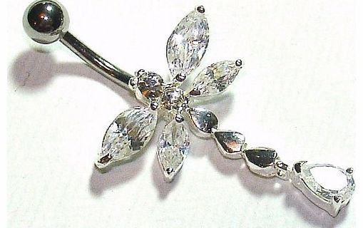 Belly Bars - Pierced & Modified - Body Jewellery - Crystal Sterling Silver Navel Bar - Dragonfly - White