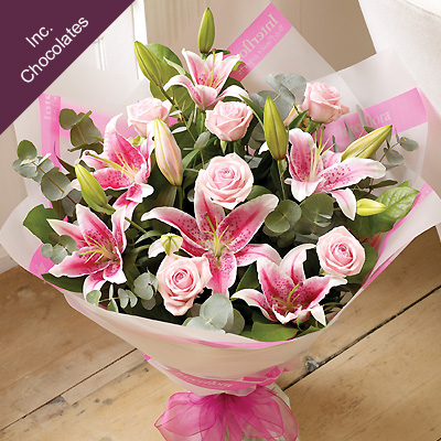 pink Rose and Lily Hand-tied with Chocolates