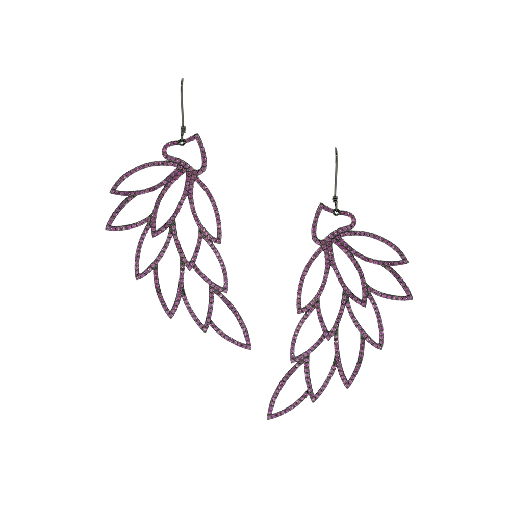 pink Sapphires Leaf earrings with Black Gold Hook