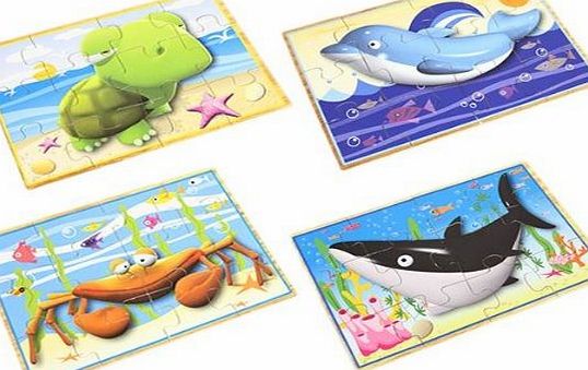 PinkWebShop Traditional Wooden Jigsaw Puzzles In Slide Top Wooden Box - Set Of 4 Ocean Animal Puzzles