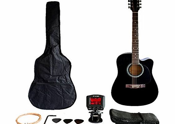 Pitchmaster Full Size Black cut away Acoustic Guitar complete with carry bag,strap,spare set of strings,3 Plectrums amp; a clip on tuner