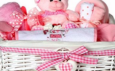 Pitter Patter Baby Gifts Angel White Wicker Pink Gingham Heart Gift Basket / Baby Hamper / Baby Shower Gift / New Arrival Gift
