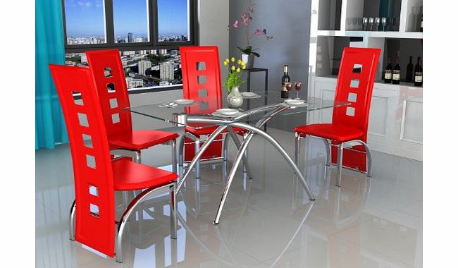 PKL Leisure Clear Glass amp; Chrome 4 Seat Dining Table amp; Red Faux Leather Chair Set