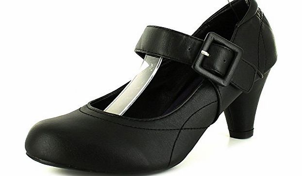 New Ladies/Womens Black Mary Jane Style Court Shoes With Buckle Strap. - Black - UK 3