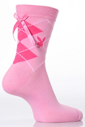 Playboy Ladies 1 Pair Playboy Weekend Bunny Argyle And Bunny Head Patterned Ankle Sock With Bow In 2 Colours