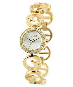 playboy Ladies Gold Round Link Bracelet Watch