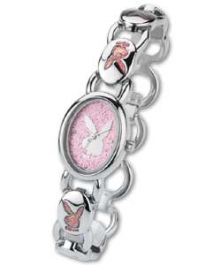 Playboy Ladies Pink Textured Bunny Dial Watch