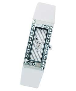 Ladies Thin White Strap Bling Bezel Watch