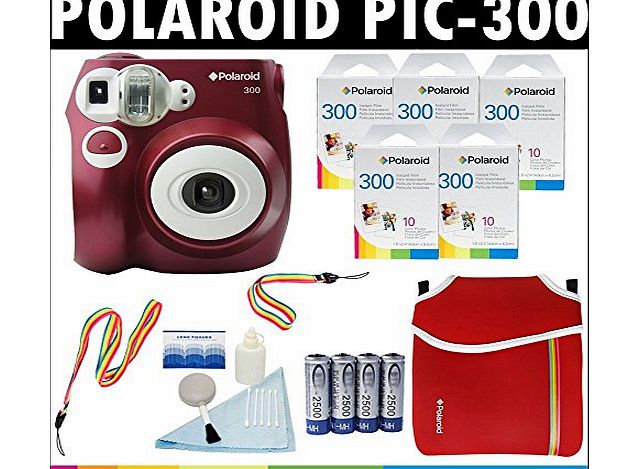 Polaroid PIC-300 Instant Film Analog Camera (Red) with (5) Polaroid 300 Instant Film Packs of 10   Polaroid Neoprene Pouch   Polaroid Cleaning Kit   Neck amp; Wrist Strap   (4) AA Batteries