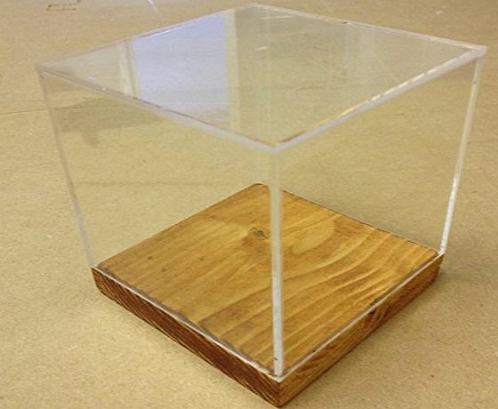 Pop Display 5 sided Clear Acrylic Box, Cube, Display Case, Cake Separator with wood bases (200mm x 200mm x 200mm)