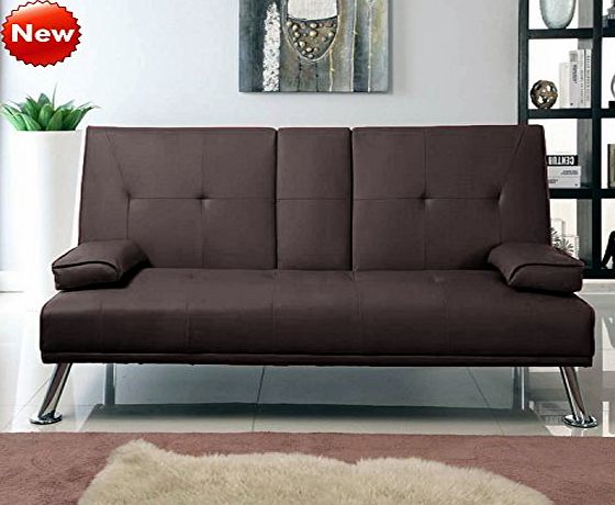 Popamazing Cheap Cinema Style 3 Seater Faux Leather Sofa Bed with Folding Down Cup Holder Futon Sofa Bed Living Room Furniture (Brown)