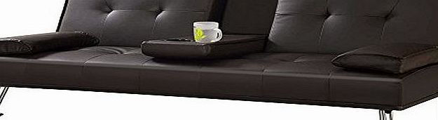Luxury Faux Leather Sofa Bed - 3 Seater Sofa Bed with Fold Down Drinks Table (Black)
