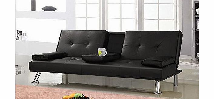 Modern DOUBLE SOFABED Faux Leather Fold Out Chair bed Guest Z Sofa bed Futon folding Mattress with Fold Down Table Drinks Holder (Black)