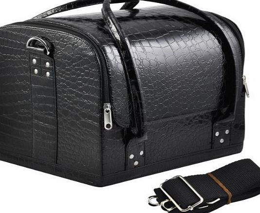 Popamazing Professional PU Leather Vanity Makeup Trinket Cometic Box Storage Case - Comes with shoulder strap and double-sided zippers, takes easy, make you beautiful when travelling (Croc Black)