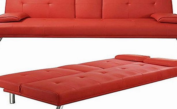 Popamazing Red Faux Leather 3 Seater Sofa Bed with Drinks Holder Table Folding Down Sofabed