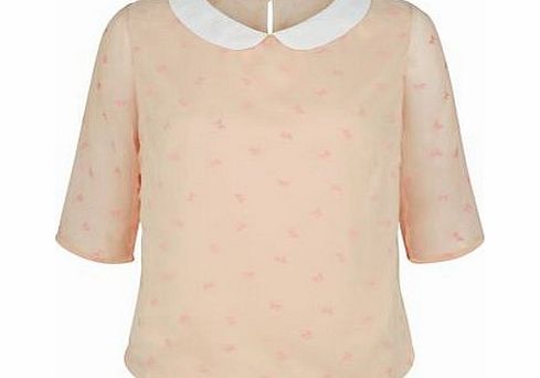 Poppy Lux Peach Contrast Collar Bow Print Blouse