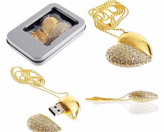  Delicate Crystal Rhinestone Decor Heart Necklace Diamond Jewerly 32GB USB2.0 Memory Stick Flash Drive with Chain-Gold