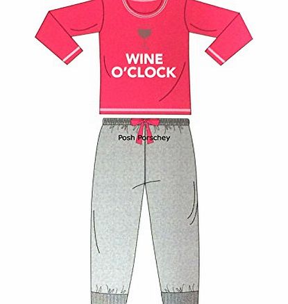 Pink Grey Silver Sparkle `` Wine O Clock `` Ladies Womens Nightwear Pyjamas Set Lounge Wear - Free Postage (8-10)