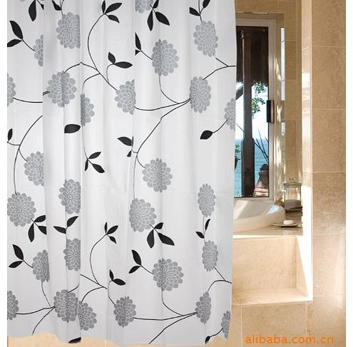 XL LARGE EXTRA LONG 180 x 200 cm WHITE BLACK SILVER GREY FLOWERS SHOWER CURTAIN 12 HOOKS