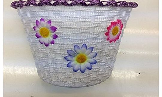 Childrens Bike Basket - White & Purple With Flowers On Front