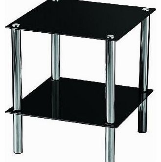 2 Tier End Table with Black Glass Shelves and Chrome Frame - 47 x 39 x 39 cm